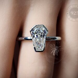 Cert. 2ct Coffin Cut Moissanite Diamond Solitaire S925 Ring Ready to Ship U.S.A.